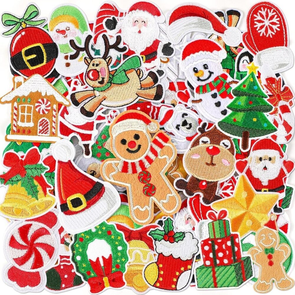 60pcs Christmas Iron on Patches Random Assorted Styles Xmas Embroidered Sew Appl